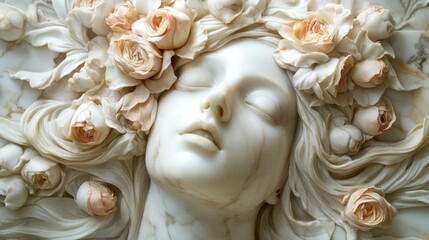 marble sculpture of a serene face with flowers adorning the hair, focus on classical beauty and detail