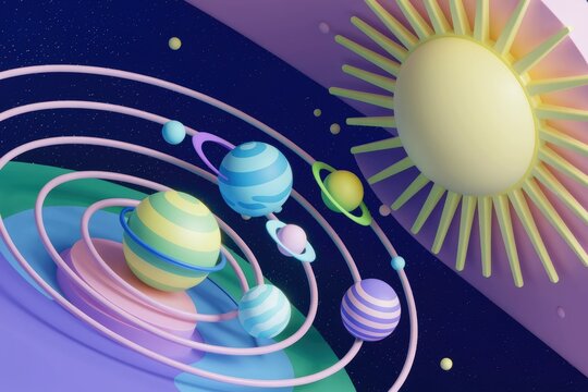 A stylized 3D rendering of a solar system with pastel-colored planets orbiting a sun.
