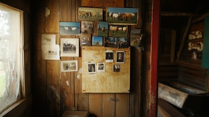 Fototapeta premium Vintage Family Photos on Rustic Wall