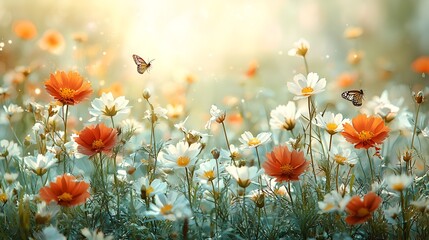 Obraz premium Beautiful flowers field sunlight butterflies, spring nature