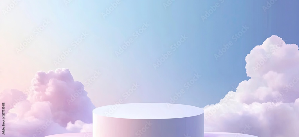 Poster abstract background with a podium for product presentation on the stage, a white round table in the 