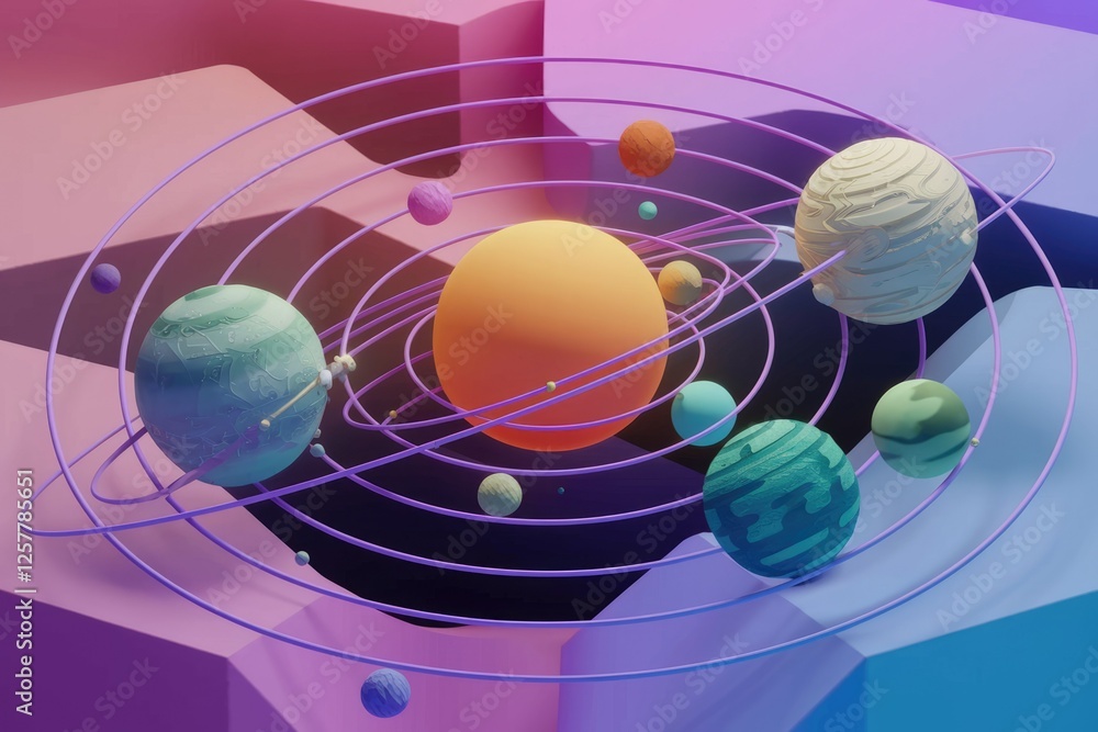 Poster Stylized 3D render of a planetary system with vibrant colors and textured planets orbiting a central star.