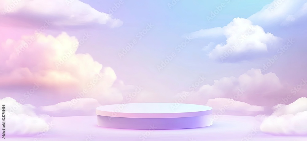 Poster abstract background with a podium for product presentation on the stage, a white round table in the 