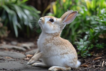Cute rabbit exploring garden surrounded by lush greenery in bright daylight