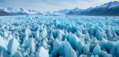 An expansive glacial icefield with jagged ice formations, clear blue ice, and a backdrop of snow-covered mountains.