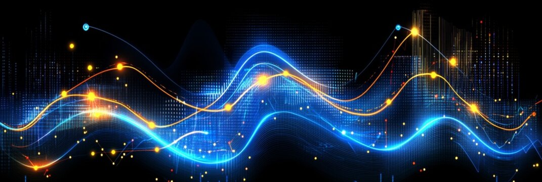Neon Blue Line Chart with Fluctuating Trend, Bright Yellow Dots on Connection Lines, Tech Background