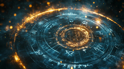 An ancient alchemy circle with cryptic symbols, glowing blue runes, and golden dust particles floating in the air.