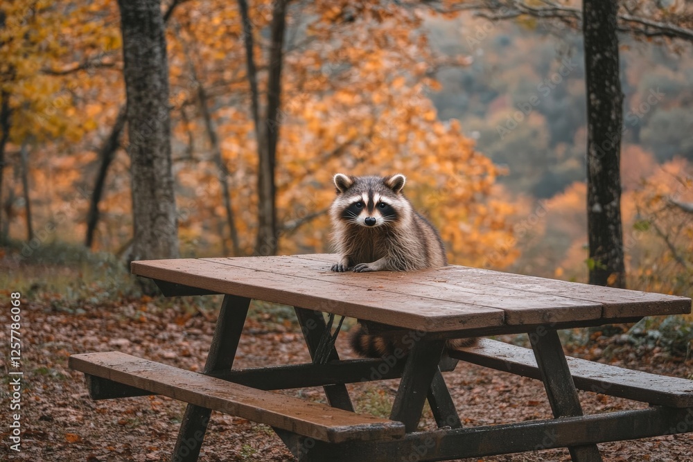 Poster raccoon curiously observing from a picnic table in an autumn forest