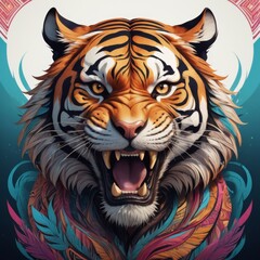 A fierce roaring tiger with intricate line details