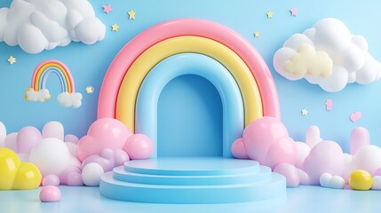 Whimsical Rainbow Scene with Stars and Clouds