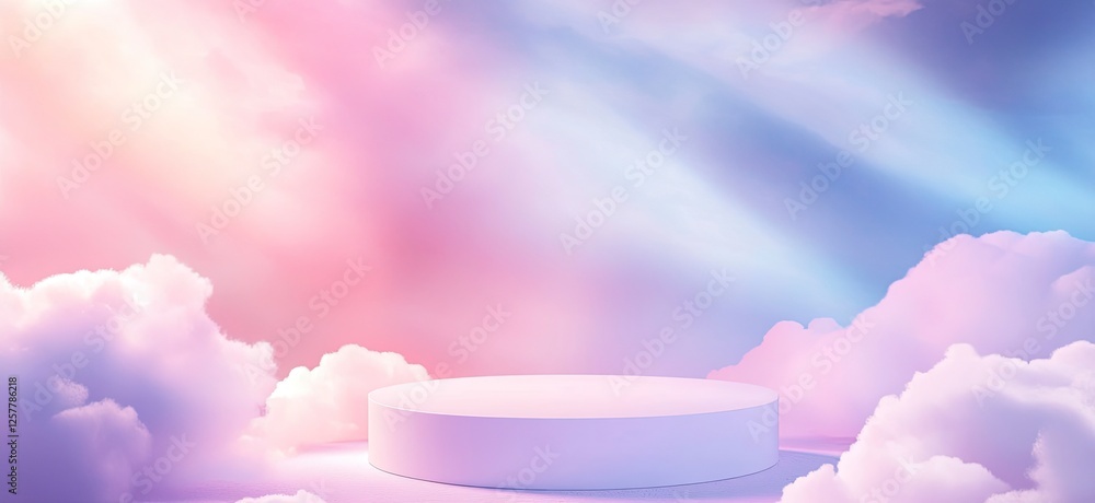 Poster abstract background with a podium for product presentation on the stage, a white round table in the 