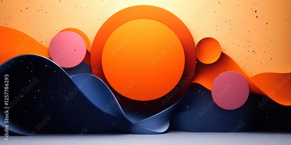 Poster abstract minimalism with circular elements and waves in orange and pink tones on a soft background