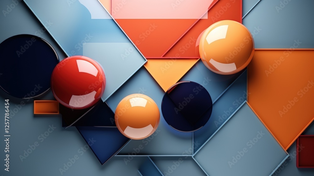 Poster abstract art elements in minimalist style with colorful geometric shapes and glossy balls on soft bl