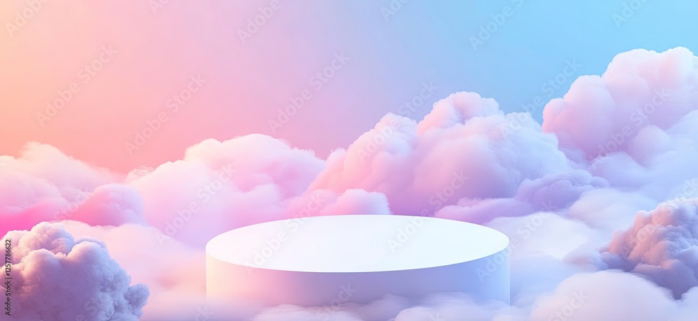Poster abstract background with a podium for product presentation on the stage, a white round table in the 