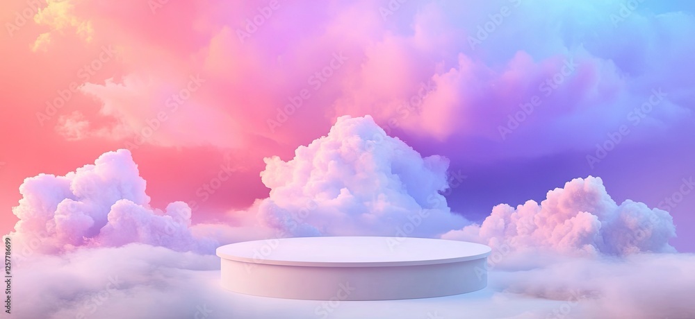 Poster abstract background with a podium for product presentation on the stage, a white round table in the 