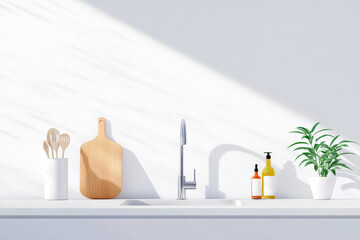 Bright and modern interior kitchen with minimalist decor and natural elements