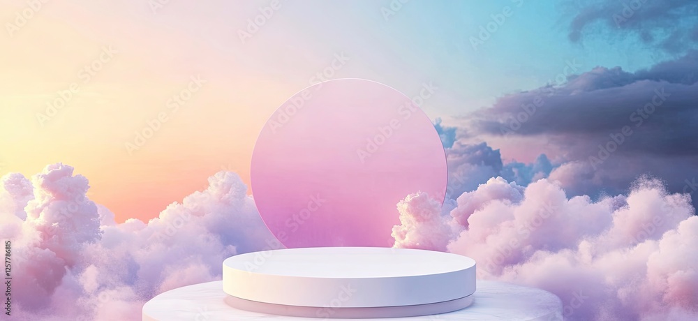 Poster abstract background with a podium for product presentation on the stage, a white round table in the 
