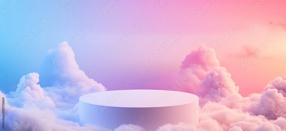 Poster abstract background with a podium for product presentation on the stage, a white round table in the 