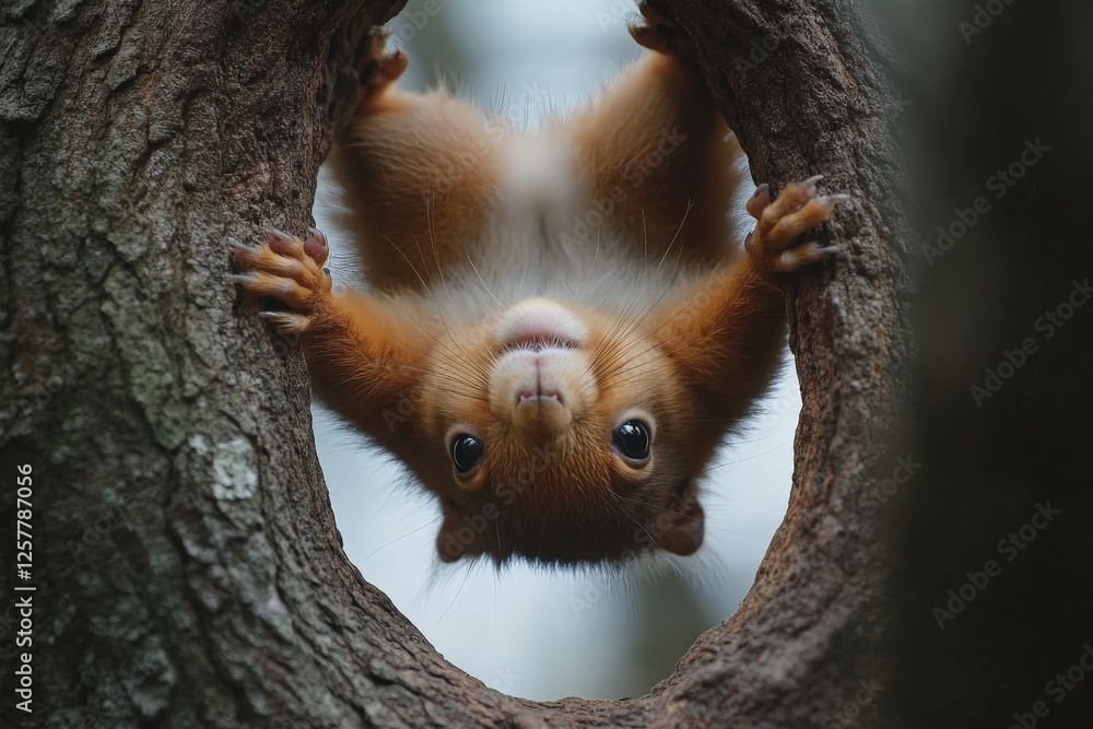 Poster Squirrel hanging upside down from a tree branch capturing attention in a lush environment