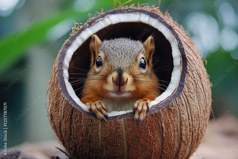 Poster squirrel peeking out from a coconut shell in a lush green environment during daytime