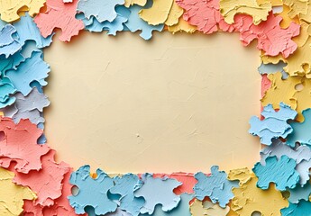 Colorful puzzle pieces on a white background with copy space for text or design.
