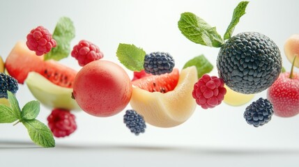 Fresh summer fruits levitating.
