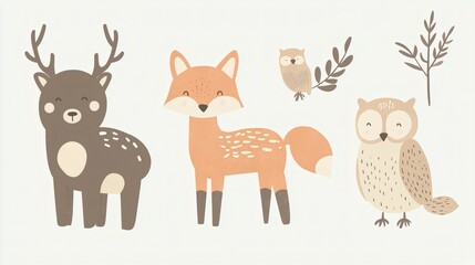 Fototapeta premium Minimalist Nordic animal illustration, soft and warm Scandinavian design, stylized fox, deer, owl, and bear, muted earthy colors, delicate hand-drawn details, cozy woodland aesthetic, charming and ele