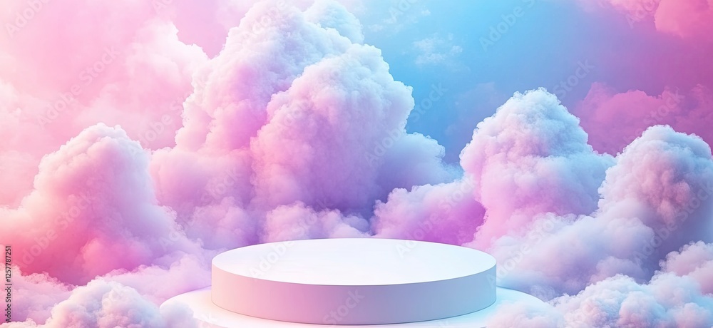 Poster abstract background with a podium for product presentation on the stage, a white round table in the 