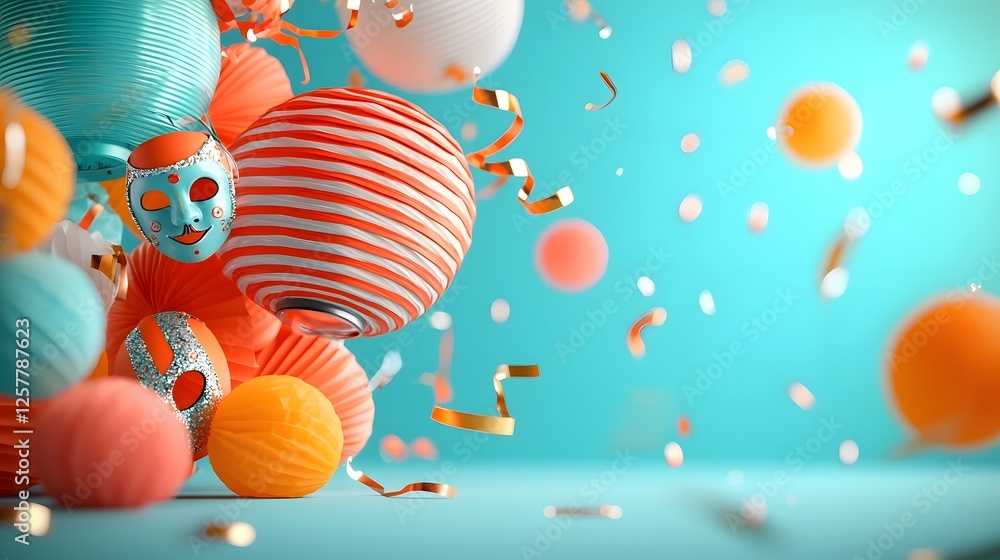 Poster joyful of carnival ephemera sparkling streamers shimmering tinsel playful masks and glowing lanterns