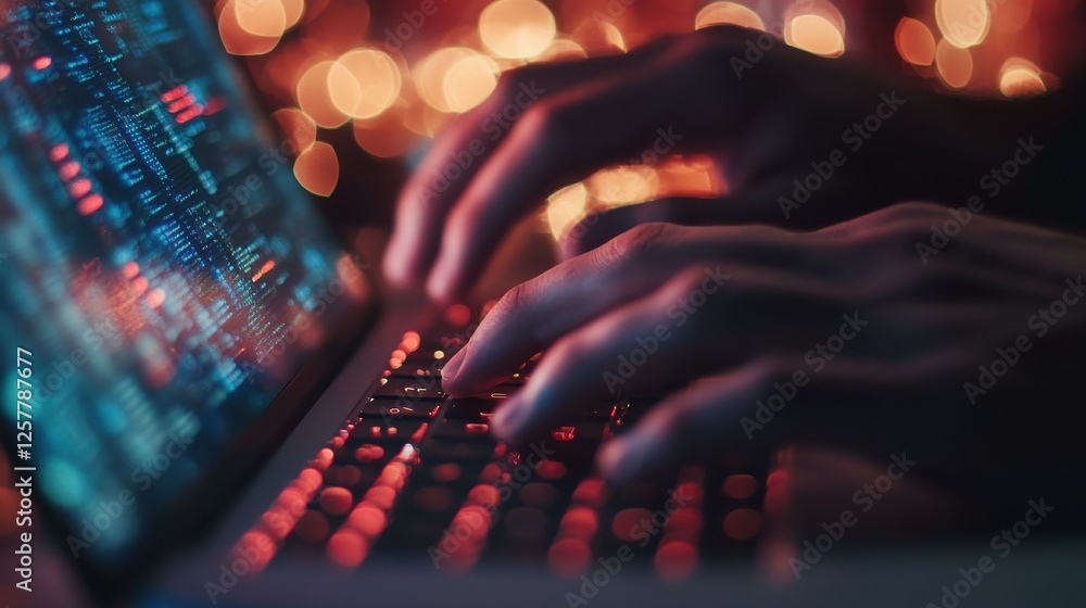 Poster close up of male hands using laptop at desktop with abstract digital cloud on blurry background. clo