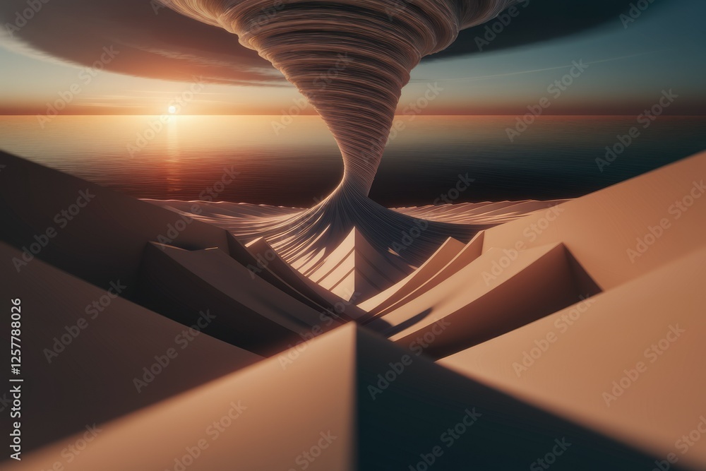 Poster a mesmerizing sunset scene featuring a massive tornado over a calm ocean, surrounded by abstract san