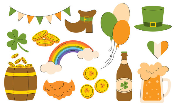 Set of elements for St. Patrick's Day with Leprechaun, rainbow, beer, gold coins, balloons, garland. Vector illustration