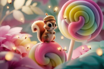 Adorable cartoon squirrel wearing acorn hat sits atop a pink swirl candy in a whimsical, glowing garden.