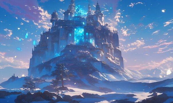 Fantasy castle city with radiant light and starry sky, anime style