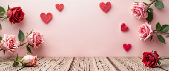 Romantic Valentine's Day Roses and Hearts on Rustic Wood Background Pink Ambiance