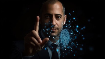 Businessman finger on creative blue finger print button with connections on black background. ID and password concept. Multiexposure.