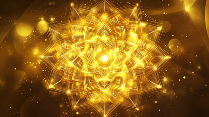 A detailed mandala with sacred geometry patterns, radiating soft golden light and cosmic energy.
