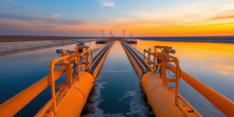 Bright sunset over eco friendly facilities with pipelines and wind turbines