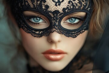 Mysterious woman in intricate lace mask showcases mesmerizing blue eyes during an elegant masquerade event at night