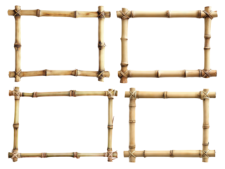 Set of natural bamboo frames with tied corners, isolated on transparent cutout background