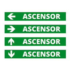 Green ascensor signs with directional arrows on a white background (trad. elevator)