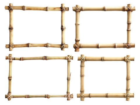 Set of natural bamboo frames with tied corners, isolated on transparent cutout background