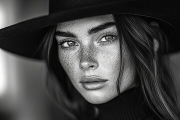 Freckled model in a wide-brimmed hat poses for a close-up portrait in soft monochrome tones