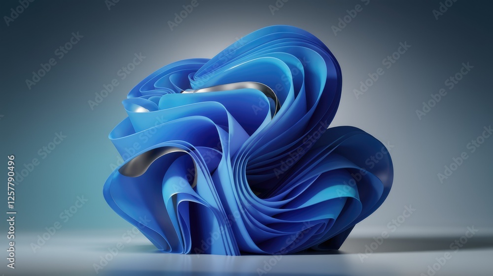 Poster Abstract 3D render of swirling blue and silver forms, creating a dynamic and visually captivating sculpture.