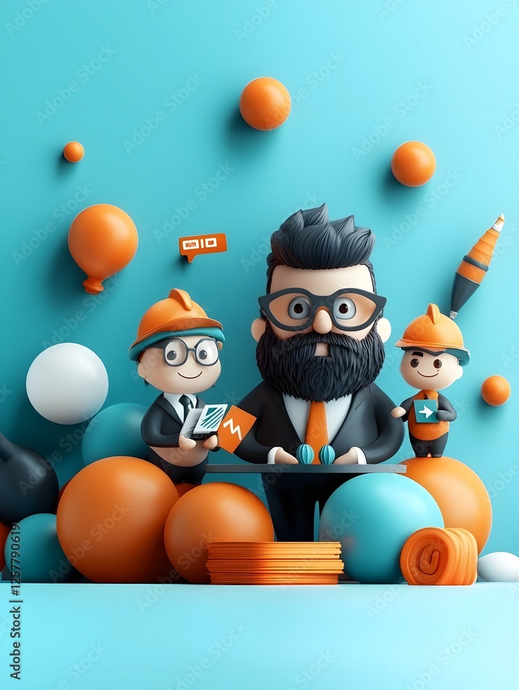 Poster innovative office workspace with colorful 3d cartoon characters presenting and debating new business