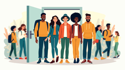 A diverse group of young people walking through a door, symbolizing opportunity and new beginnings. A colorful and vibrant flat vector illustration.