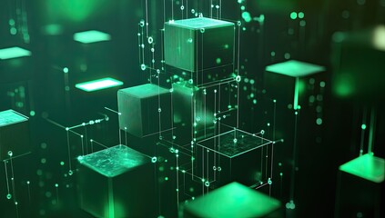 Obraz premium Abstract green cubes interconnected by lines, digital network background