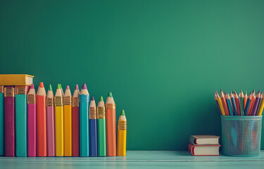 Fototapeta premium A green chalkboard background with books and school supplies on the table, suitable for educational or learning themes. The composition includes an open book and colored pencils in front of it.