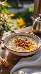 Lazy breakfast with creamy oatmeal, honey and walnuts served on a sunny terrace.