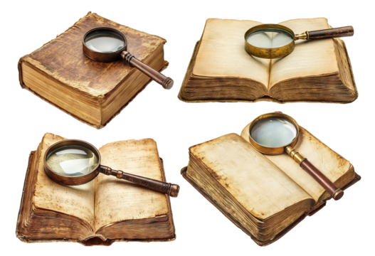 Set of vintage books with magnifying glasses, isolated on transparent cutout background